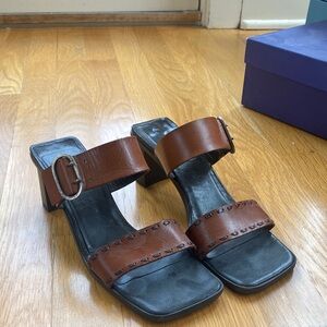 Yves Saint Laurent Brown Leather Two-Strap Block Heel Sandals